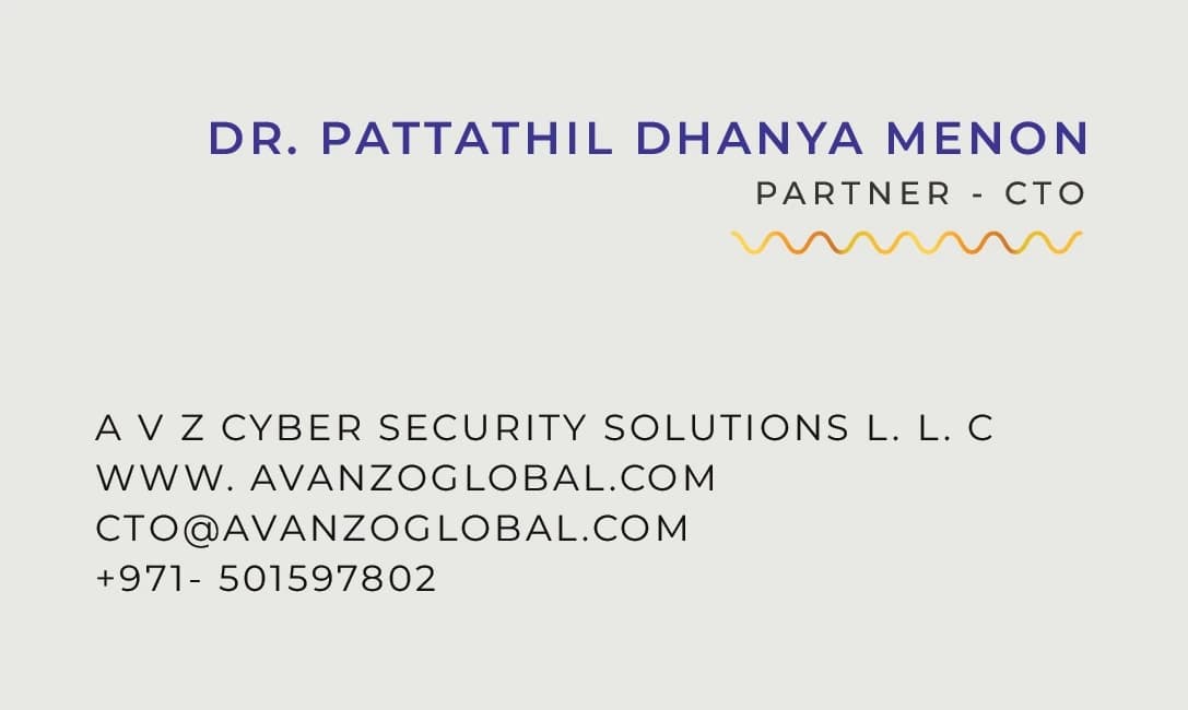 Visiting card of Dr. Pattathil Dhanya Menon, Chief Technology Officer